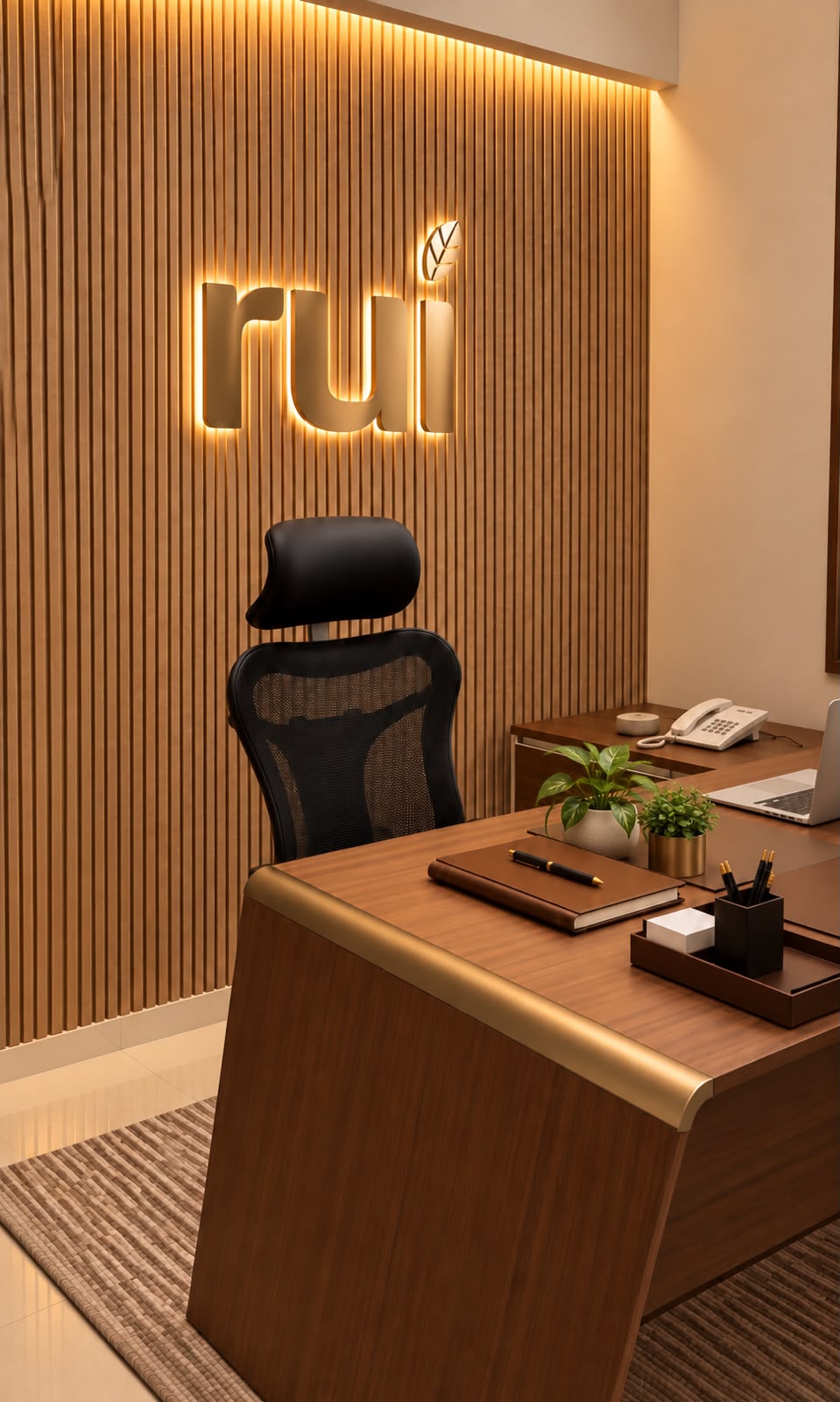 Rui office executive desk with illuminated logo on wood slatted wall